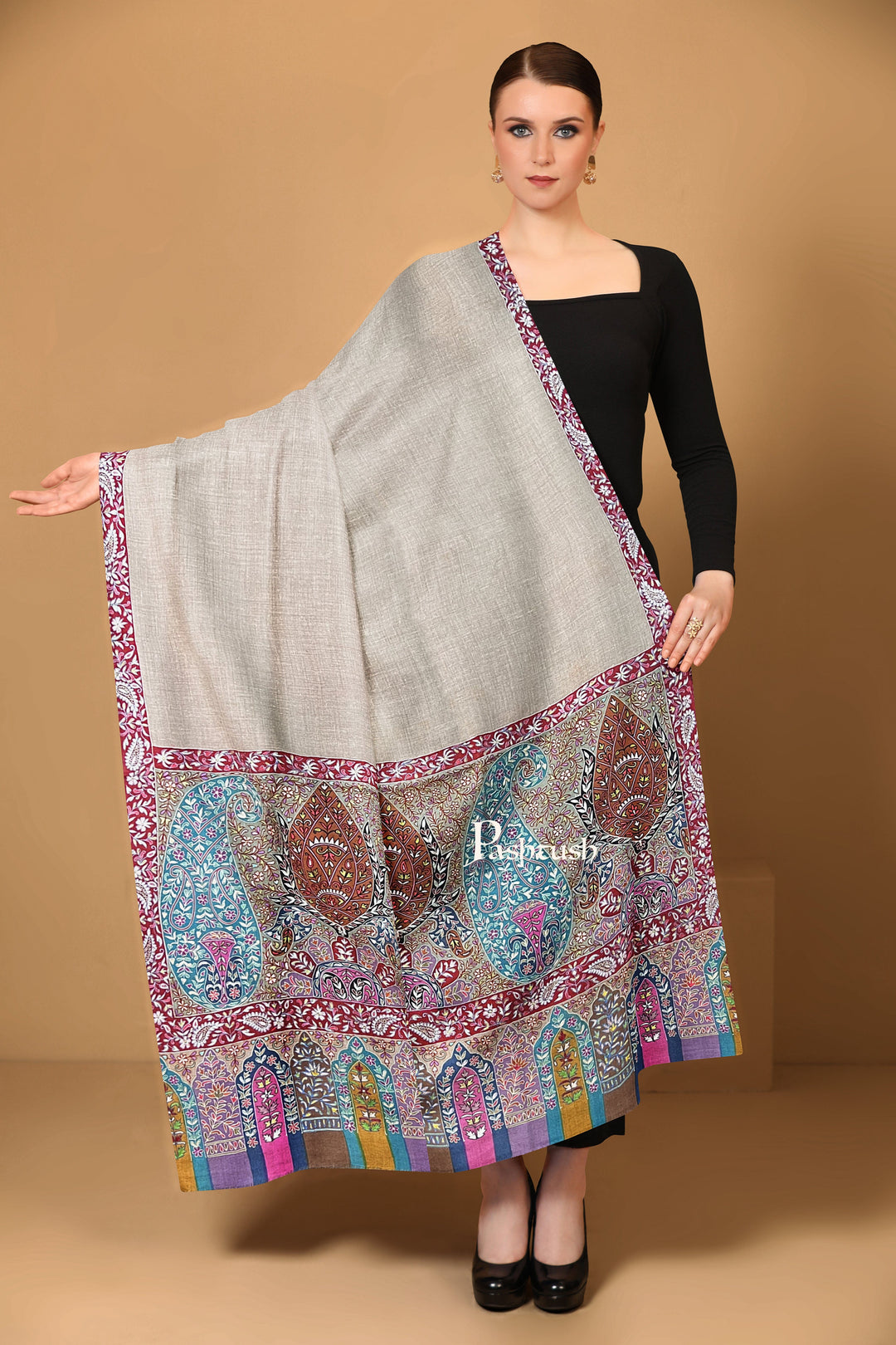 Pashtush India Womens Shawls Pashtush Womens Pure Pashmina Shawl, Hand Embroidered, Hand Painted Kalamkari Palla, Handloom, Multicolour