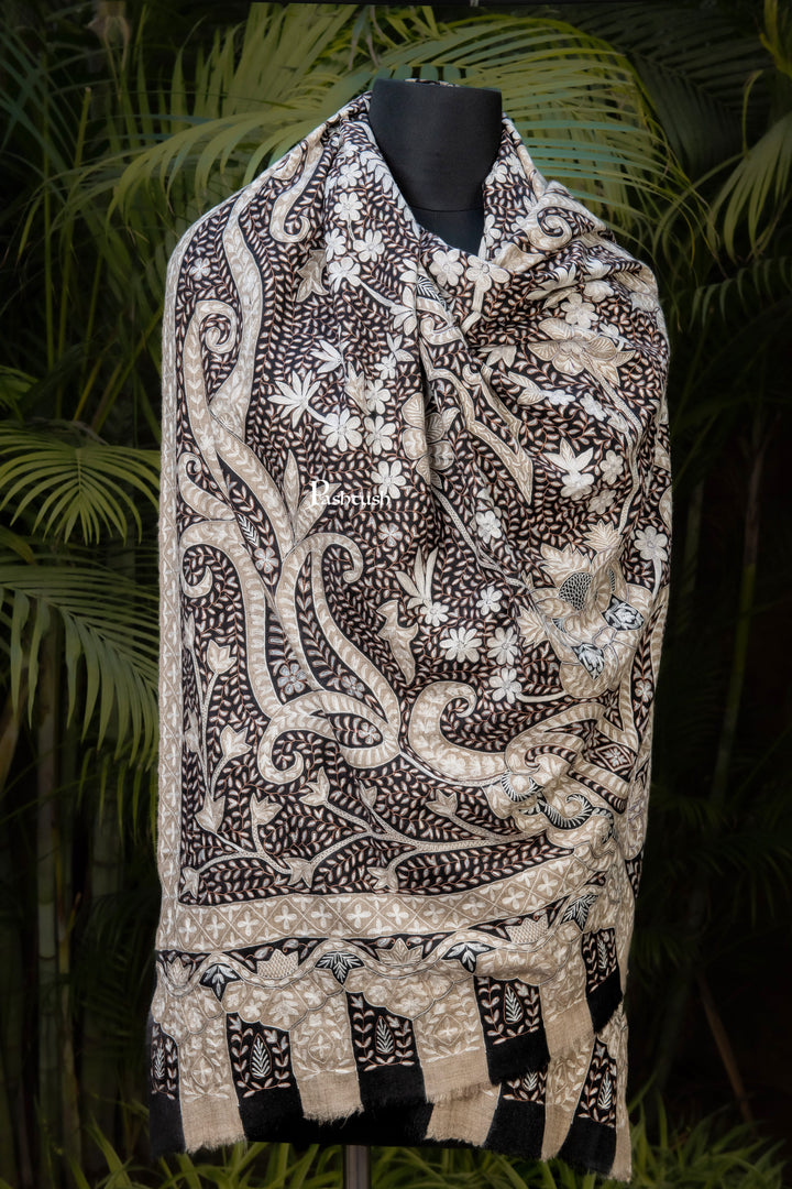 Pashtush India Womens Shawls Pashtush Womens Pure Pashmina Shawl, Hand Embroidery, Hand Woven, Kalamkari Design, Black