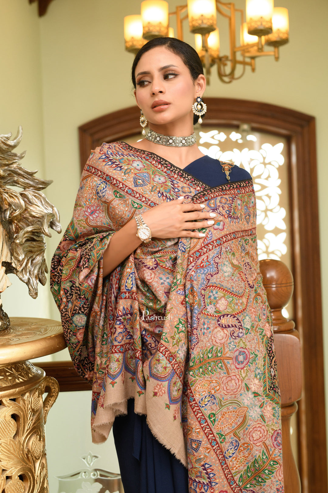 Pashtush Womens Pure Pashmina Shawl, Hand Painted And Embroidered