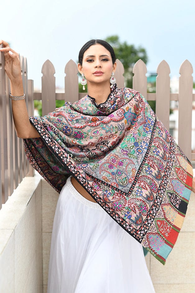 Pashtush India Womens Shawls Pashtush Womens Pure Pashmina Shawl, Hand Painted And Embroidered Kalamkari Design, Multicolour