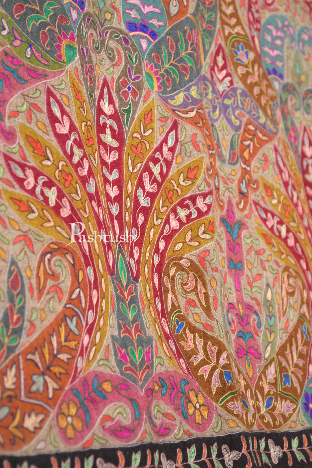 Pashtush India Womens Shawls Pashtush Womens Pure Pashmina Shawl, Hand Painted And Embroidered Kalamkari Design, Multicolour