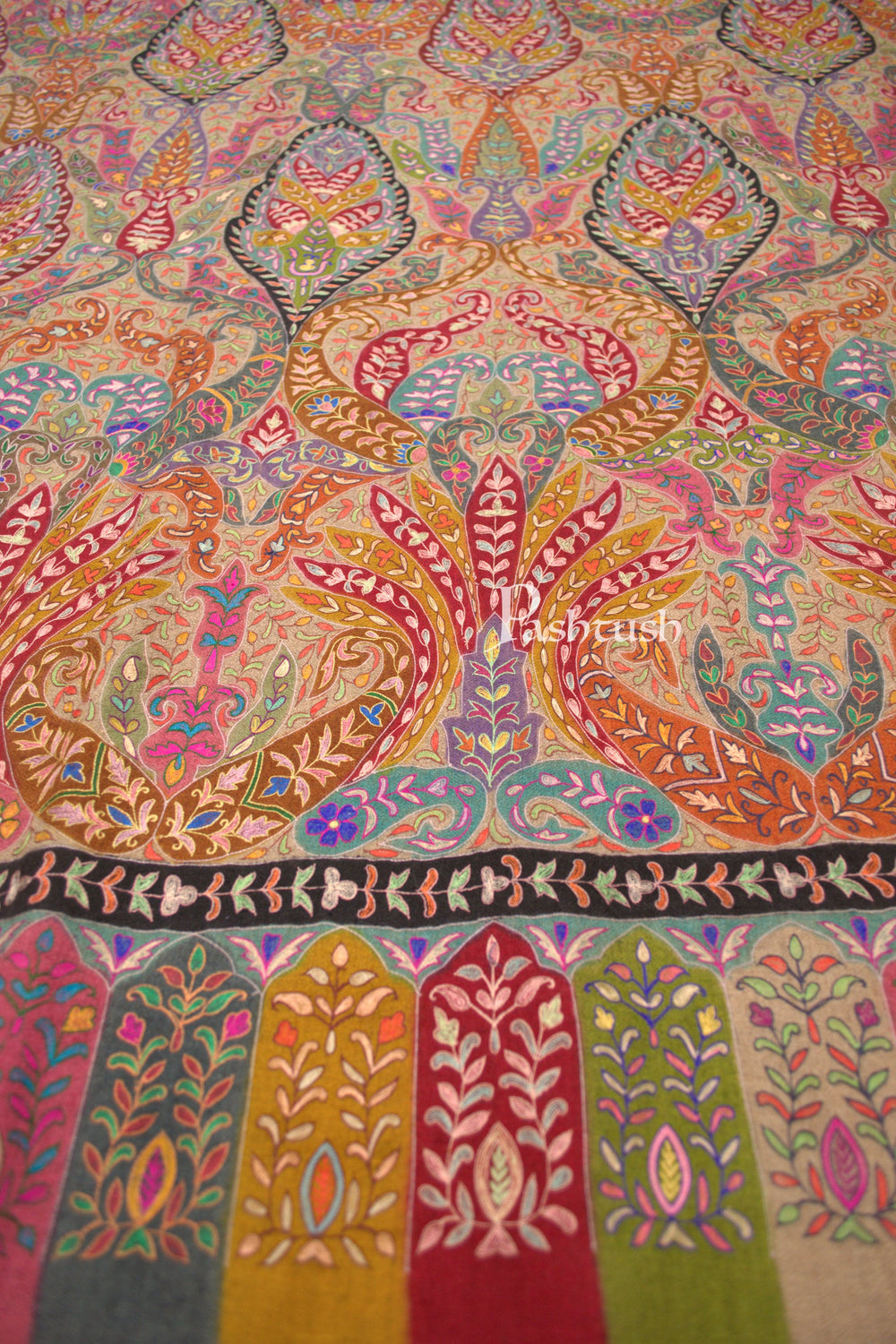 Pashtush India Womens Shawls Pashtush Womens Pure Pashmina Shawl, Hand Painted And Embroidered Kalamkari Design, Multicolour