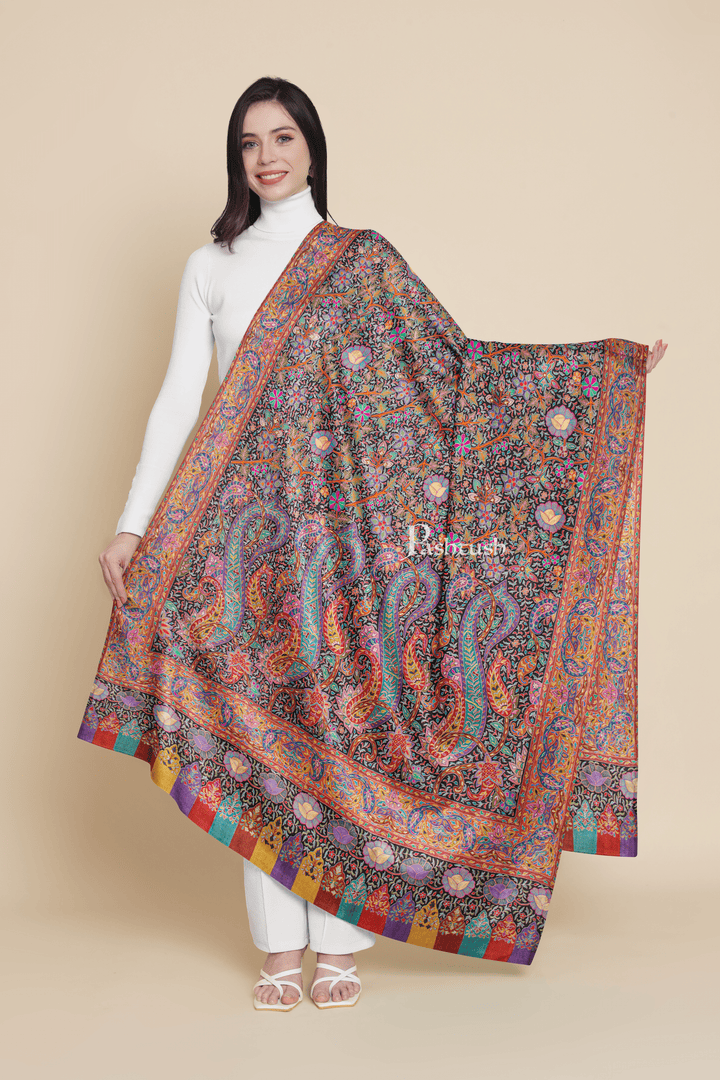 Pashtush India Womens Shawls Pashtush Womens Pure Pashmina Shawl, Hand Painted And Embroidered Kalamkari Design, Multicolour