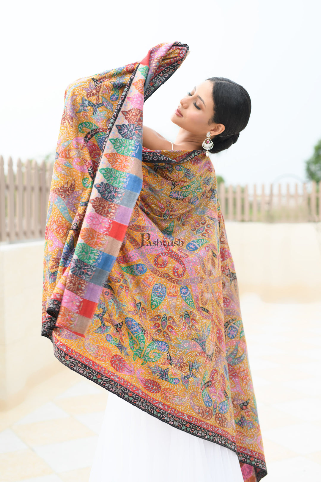 Pashtush India Womens Shawls Pashtush Womens Pure Pashmina Shawl, Hand Painted And Embroidered Kalamkari Ombre Design, Multicolour