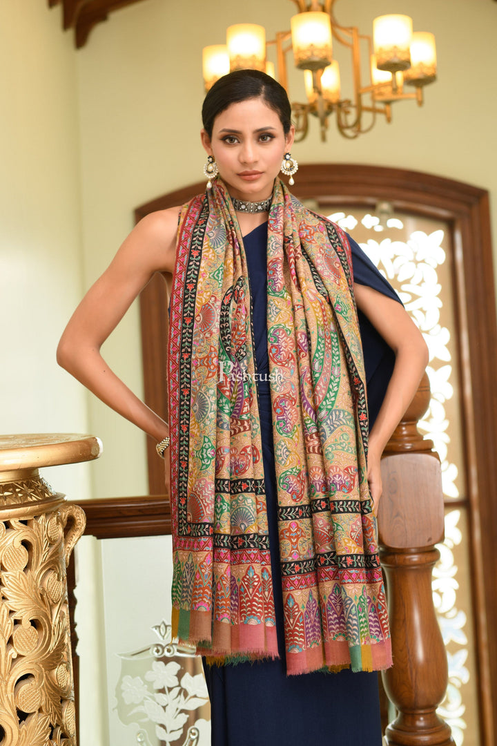 Pashtush India Womens Shawls Pashtush Womens Pure Pashmina Shawl, Hand Painted And Embroidered Kalamkari Ombre Design, Multicolour