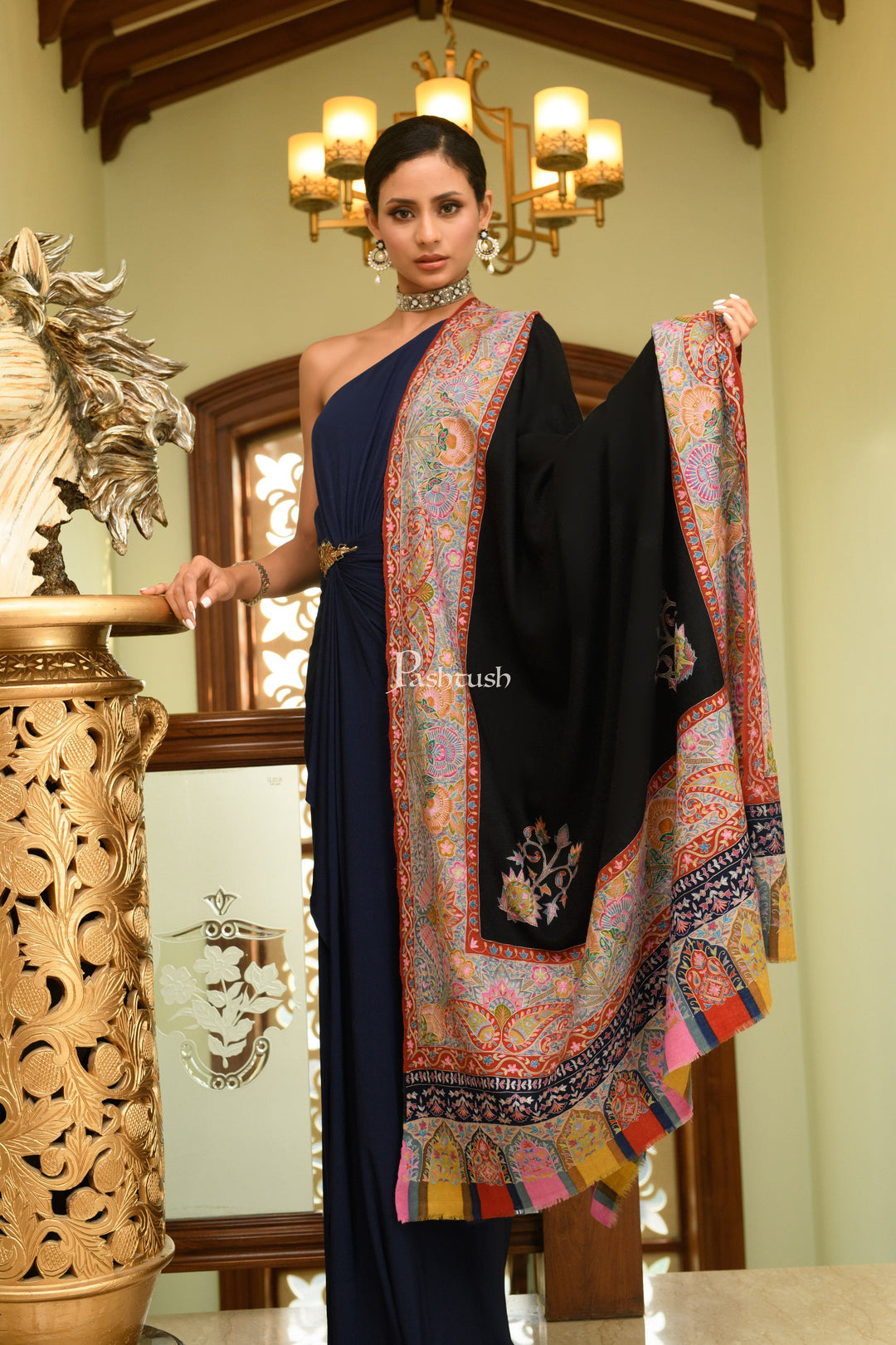 Pashtush India Womens Shawls Pashtush Womens Pure Pashmina Shawl, Hand Painted And Embroidered Kalamkari Palla Design, Black