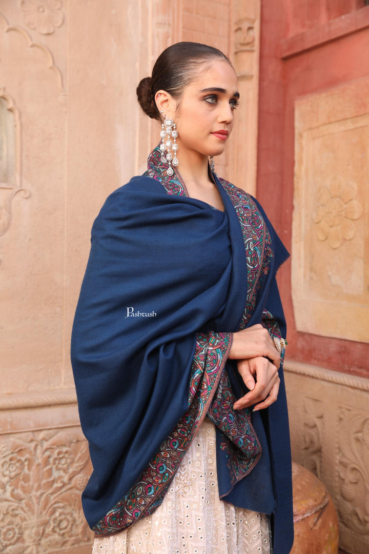 Pashtush India Womens Shawls Pashtush Womens Pure Pashmina Shawl, Hand Painted And Embroidered Kalamkari Palla Design, Navy Blue