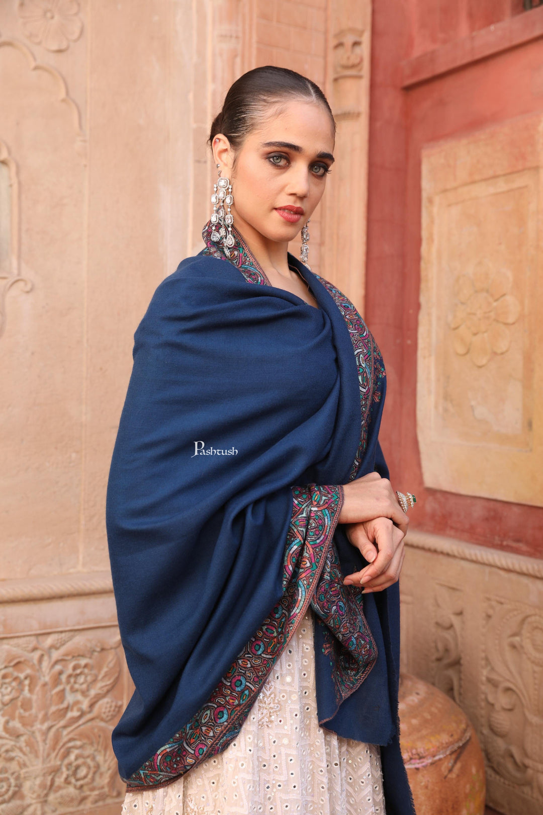 Pashtush India Womens Shawls Pashtush Womens Pure Pashmina Shawl, Hand Painted And Embroidered Kalamkari Palla Design, Navy Blue