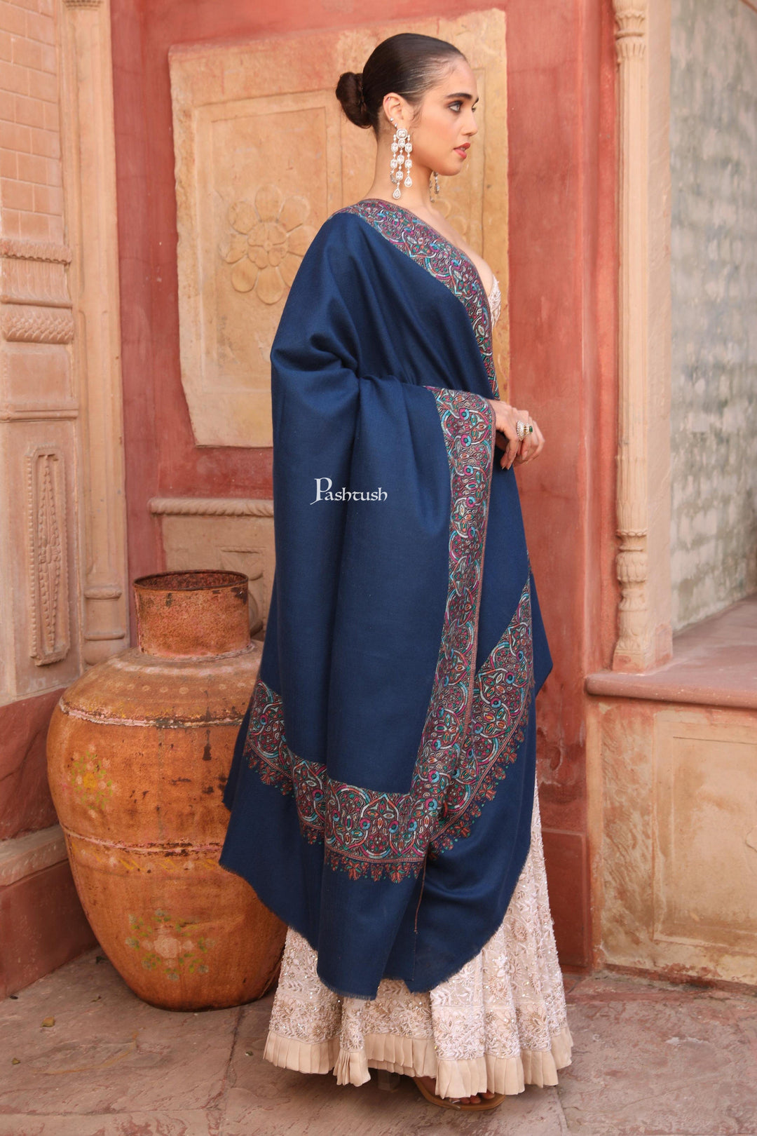 Pashtush India Womens Shawls Pashtush Womens Pure Pashmina Shawl, Hand Painted And Embroidered Kalamkari Palla Design, Navy Blue