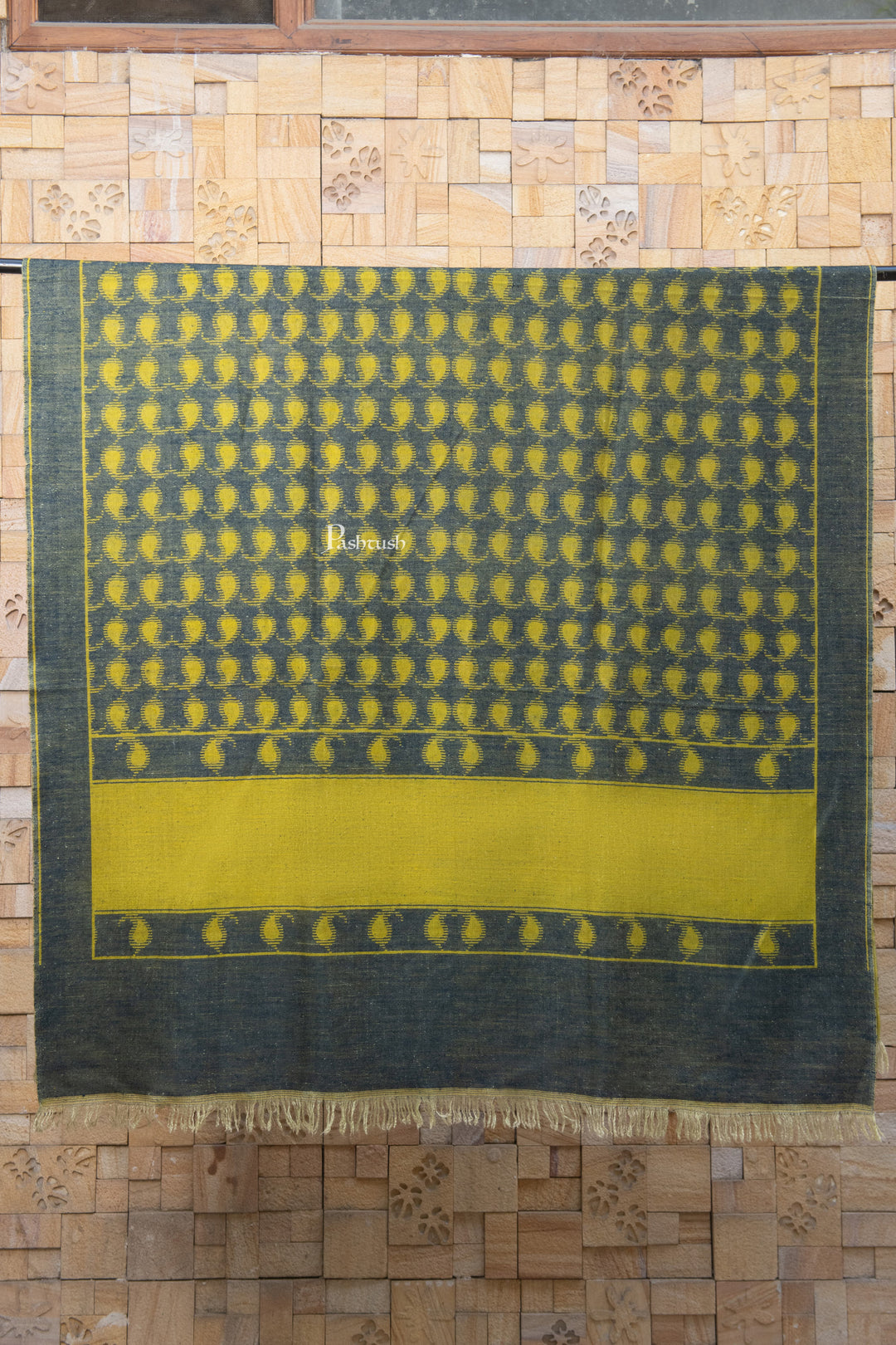 Pashtush India Womens Shawls Pashtush Womens Pure pashmina Shawl Hand-woven, Reversible Design, Grey and Kashmiri Mustard