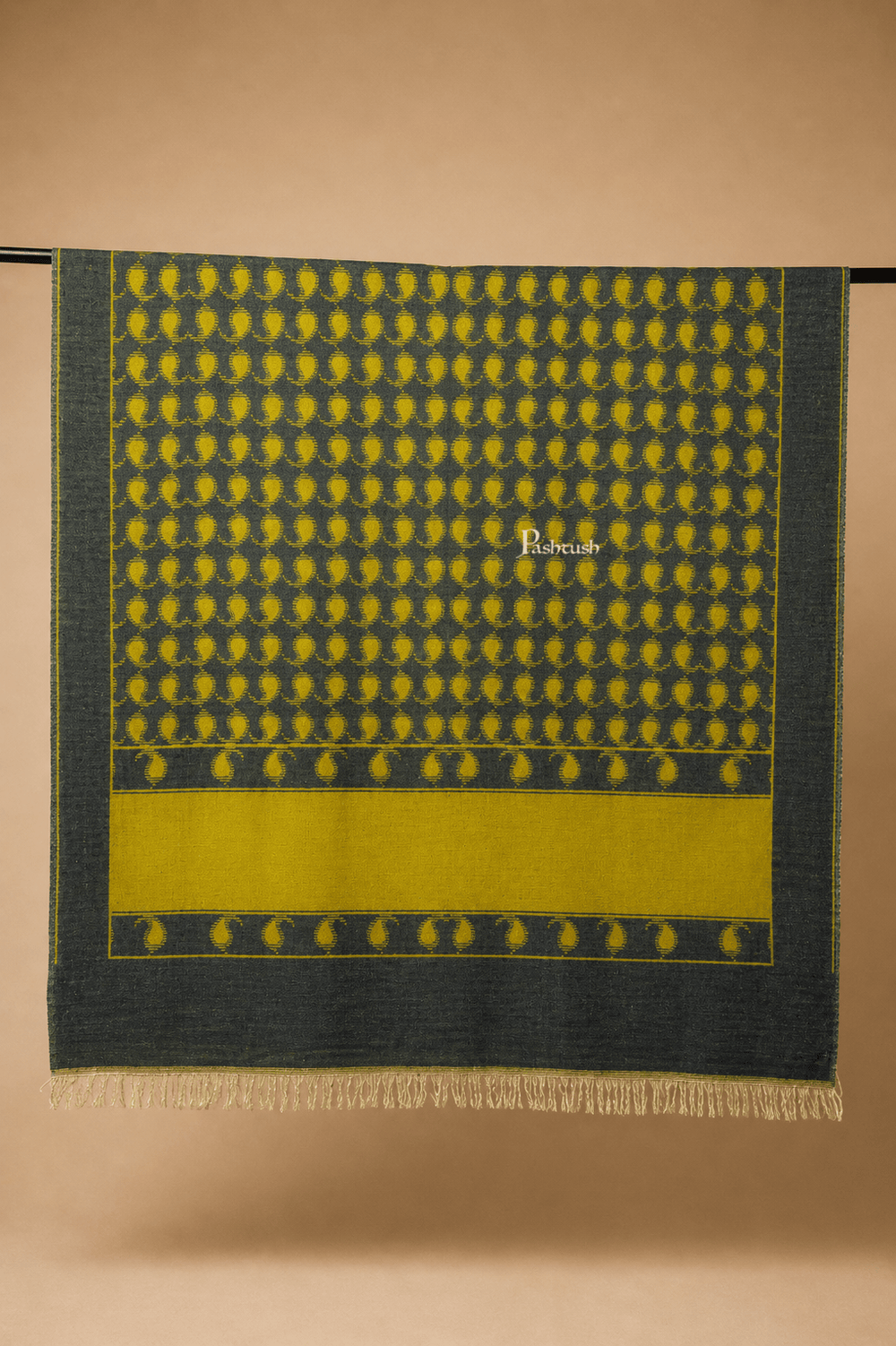 Pashtush India Womens Shawls Pashtush Womens Pure pashmina Shawl Hand-woven, Reversible Design, Grey and Kashmiri Mustard
