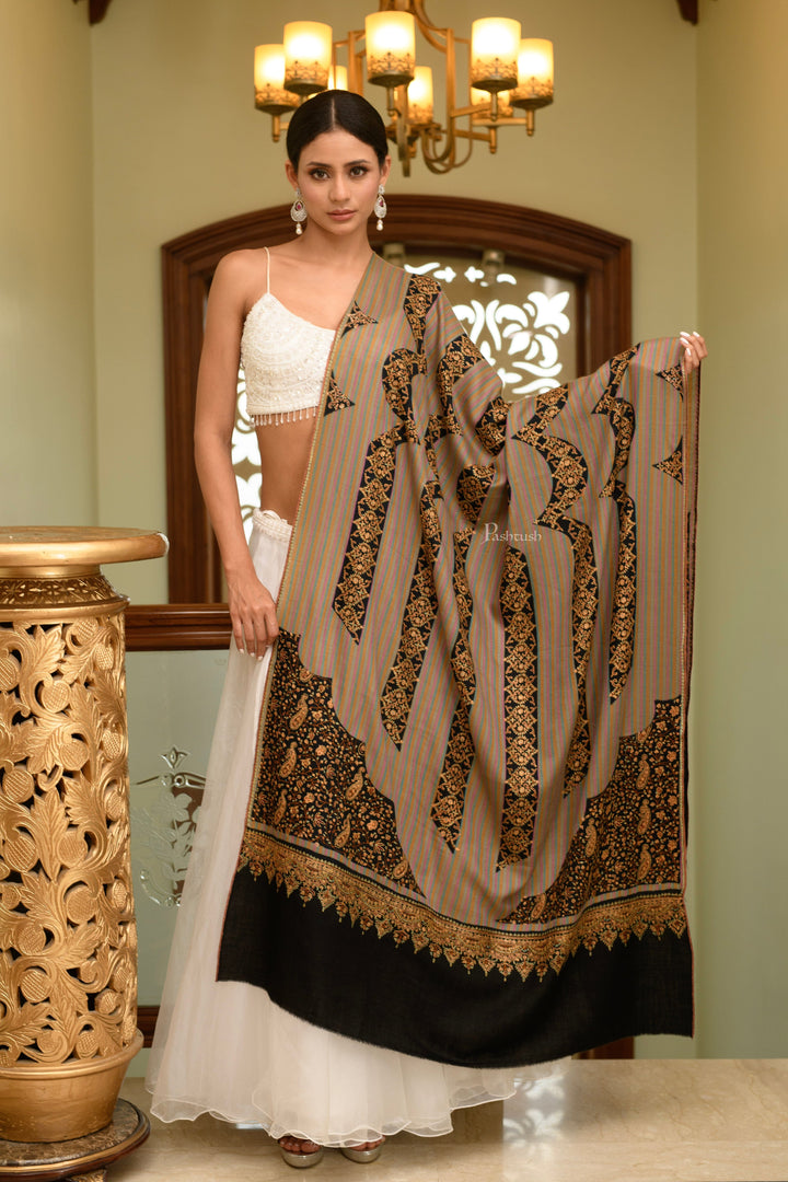 Pashtush India Womens Shawls Pashtush Womens Pure Pashmina Shawl, Kashmiri Hand Embroidered Design, Taupe