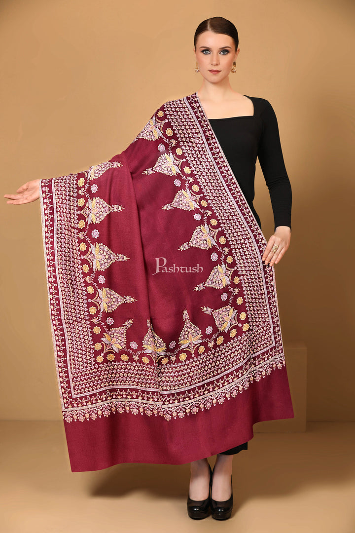 Pashtush India Womens Shawls Pashtush Womens Pure Pashmina Shawl, Kashmiri Hand Embroidered, Handloom, Crimson