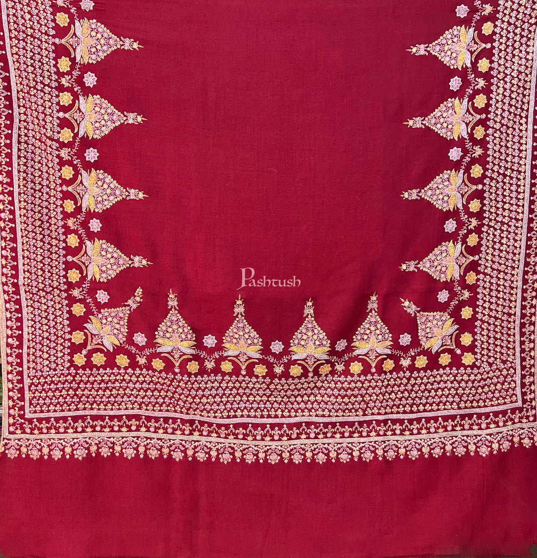 Pashtush India Womens Shawls Pashtush Womens Pure Pashmina Shawl, Kashmiri Hand Embroidered, Handloom, Crimson