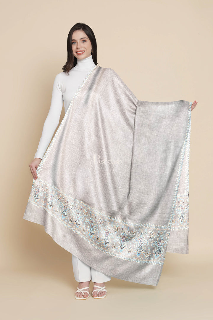 Pashtush India Womens Shawls Pashtush Womens Pure Pashmina Shawl, Kashmiri Hand Embroidered, Handloom, Pastel Beige