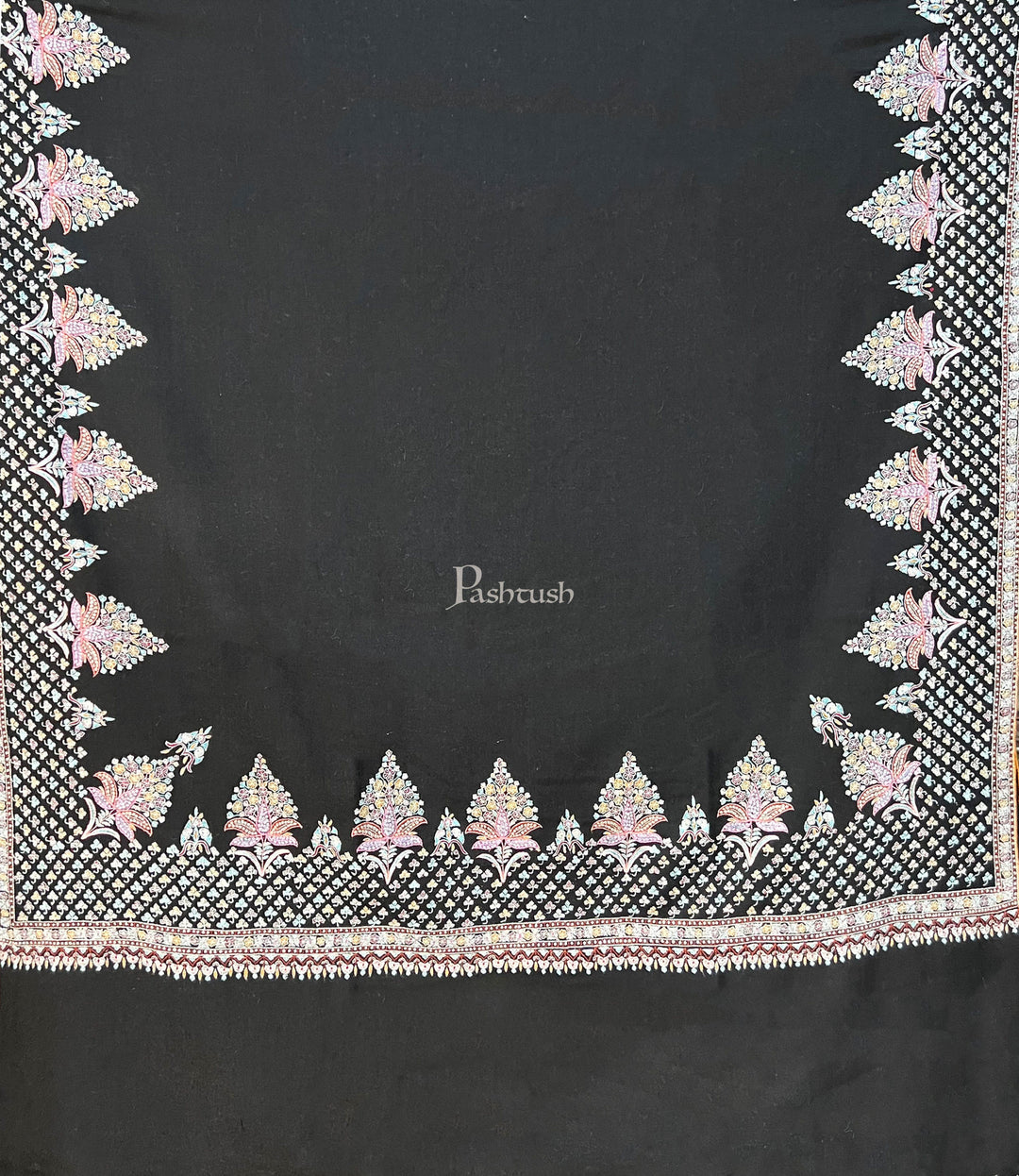 Pashtush India Womens Shawls Pashtush Womens Pure Pashmina Shawl, Kashmiri Hand Embroidered, Handloom, Rich Black