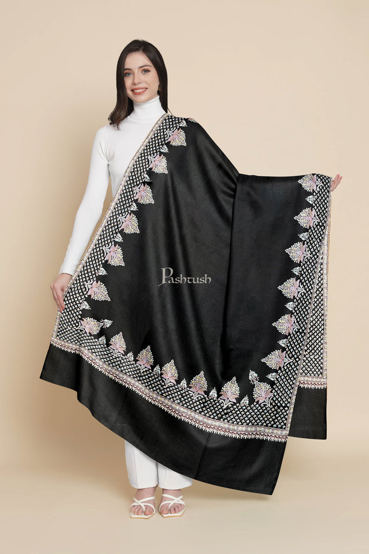 Pashtush India Womens Shawls Pashtush Womens Pure Pashmina Shawl, Kashmiri Hand Embroidered, Handloom, Rich Black