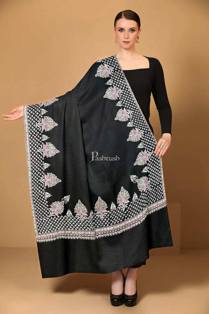 Pashtush India Womens Shawls Pashtush Womens Pure Pashmina Shawl, Kashmiri Hand Embroidered, Handloom, Rich Black