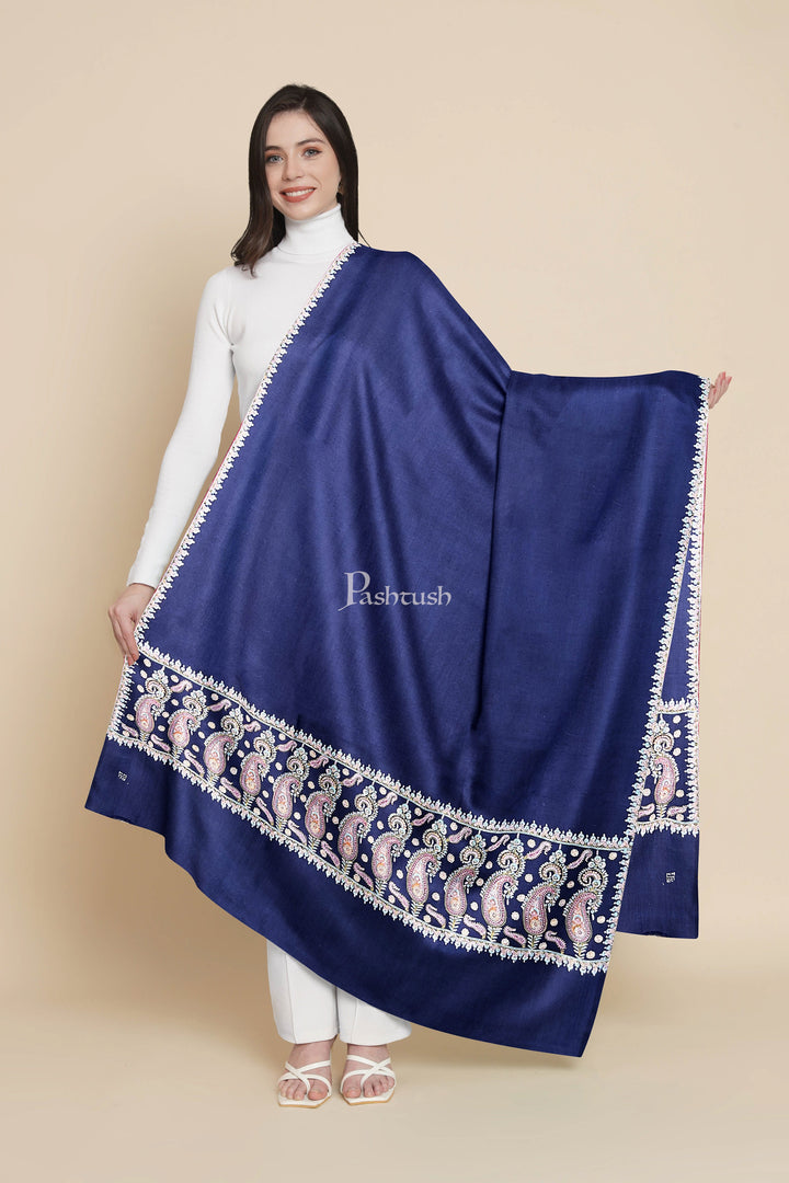 Pashtush India Womens Shawls Pashtush Womens Pure Pashmina Shawl, Kashmiri Hand Embroidered, Pastel Embroidery, Royal Blue