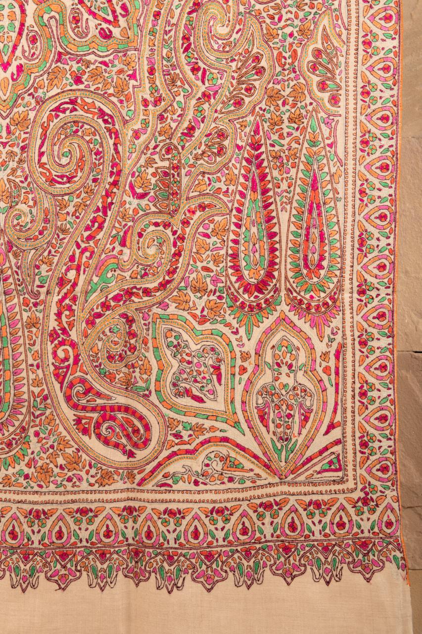 pashtush Womens Shawls Pashtush Womens Pure Pashmina Shawl, Kashmiri Hand Embroidery, Papier Mache Design, Beige