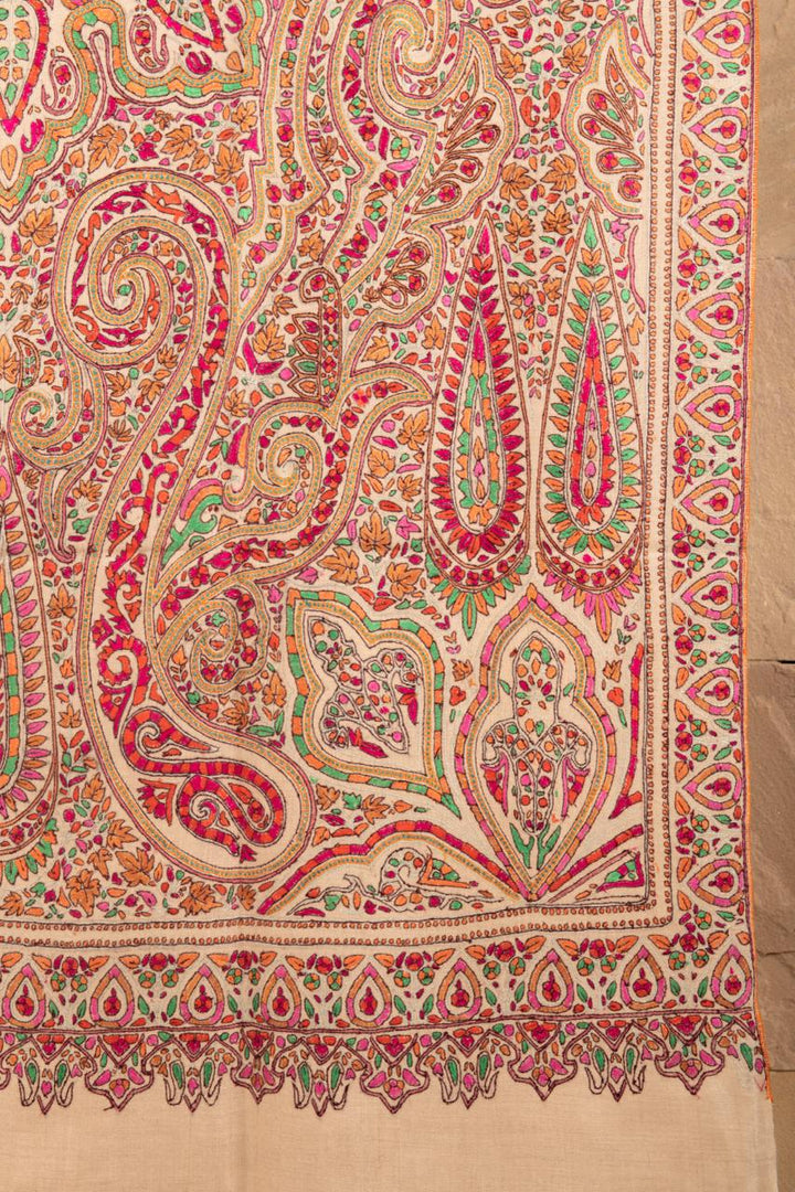 pashtush Womens Shawls Pashtush Womens Pure Pashmina Shawl, Kashmiri Hand Embroidery, Papier Mache Design, Beige