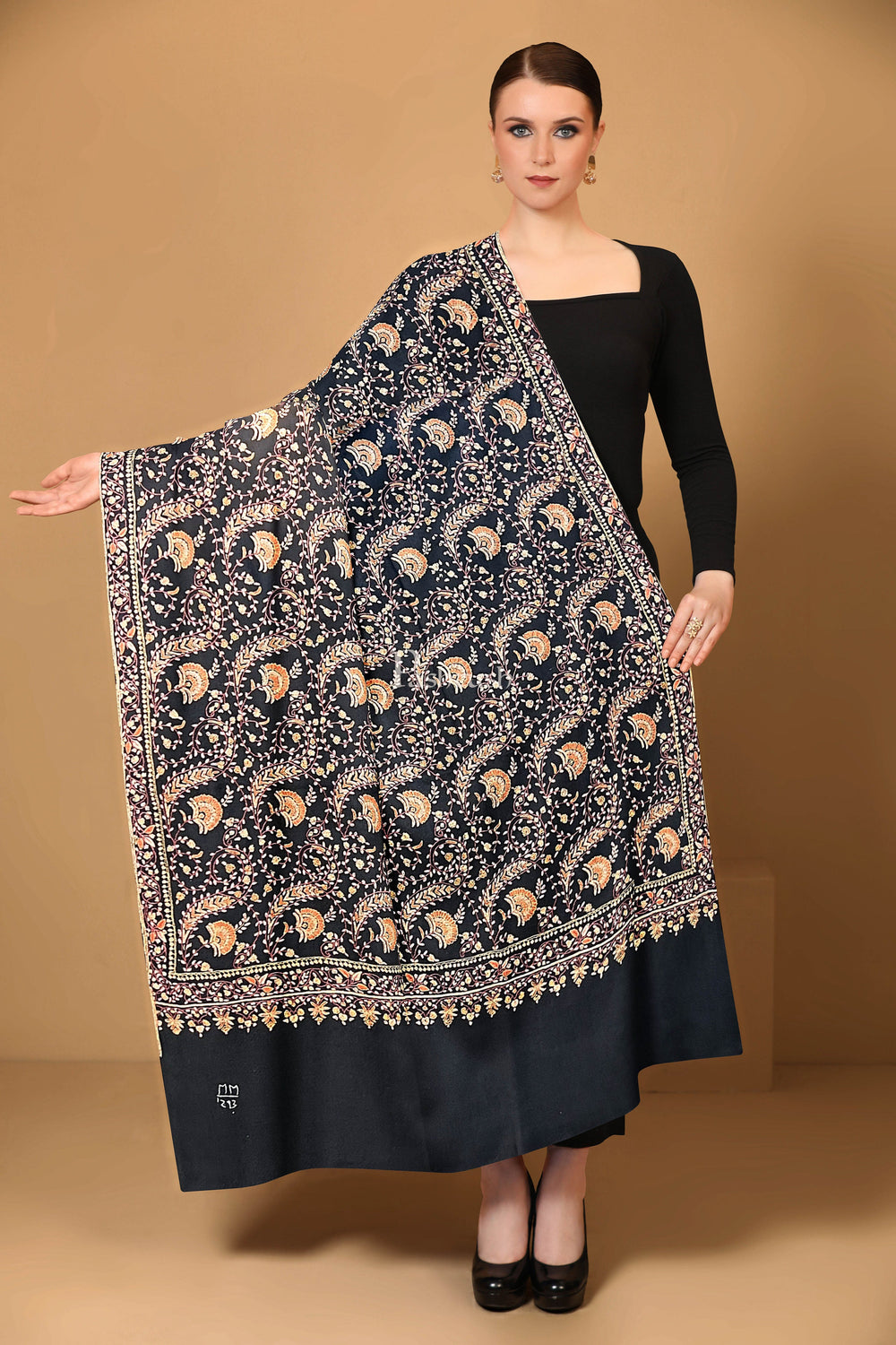 Pashtush India Womens Shawls Pashtush Womens Pure Pashmina Shawl, Kashmiri Hand Embroidery, Sozni Jaal, Black