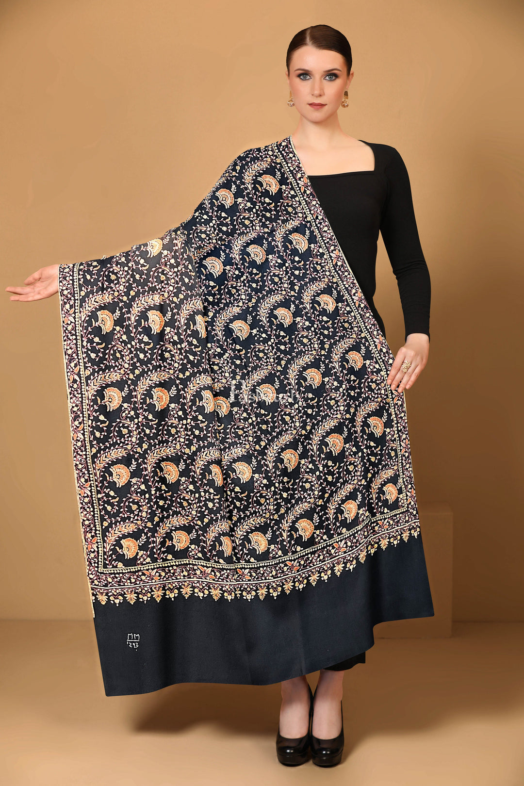 Pashtush India Womens Shawls Pashtush Womens Pure Pashmina Shawl, Kashmiri Hand Embroidery, Sozni Jaal, Black