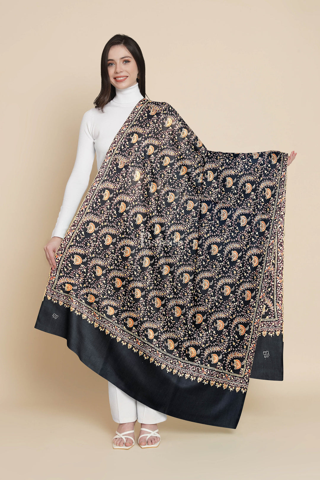 Pashtush India Womens Shawls Pashtush Womens Pure Pashmina Shawl, Kashmiri Hand Embroidery, Sozni Jaal, Black