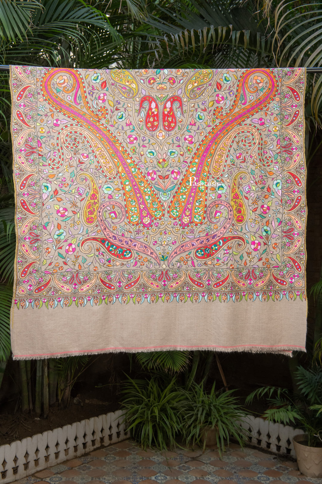 Pashtush India Womens Shawls Pashtush Womens Pure Pashmina Shawl, Papier Mache Hand Embroidery, Hand Woven Design, Multicolour With Natural Woven Base