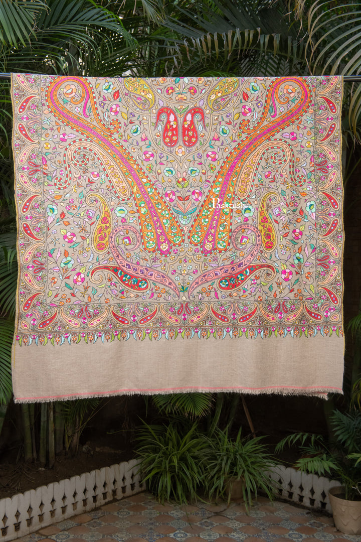 Pashtush India Womens Shawls Pashtush Womens Pure Pashmina Shawl, Papier Mache Hand Embroidery, Hand Woven Design, Multicolour With Natural Woven Base
