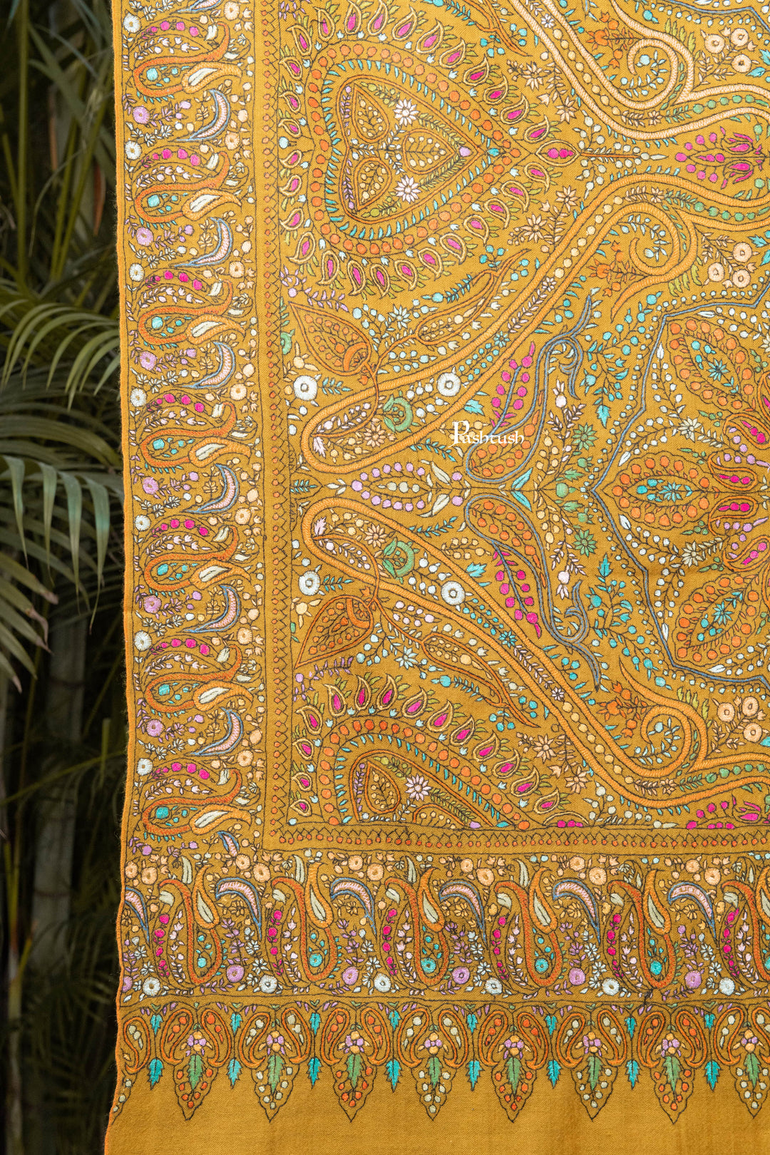 Pashtush India Womens Shawls Pashtush Womens Pure Pashmina Shawl, Papier Mache Hand Embroidery, Hand Woven Design, Mustard