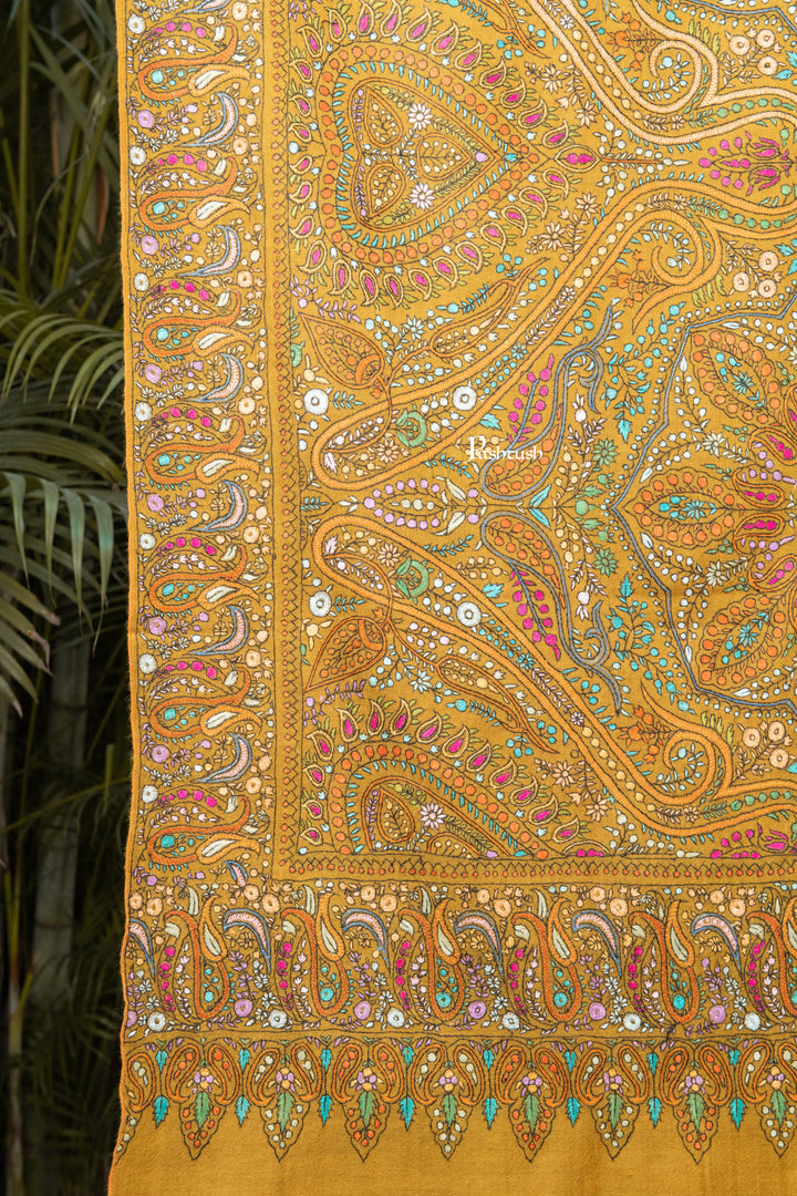 Pashtush India Womens Shawls Pashtush Womens Pure Pashmina Shawl, Papier Mache Hand Embroidery, Hand Woven Design, Mustard