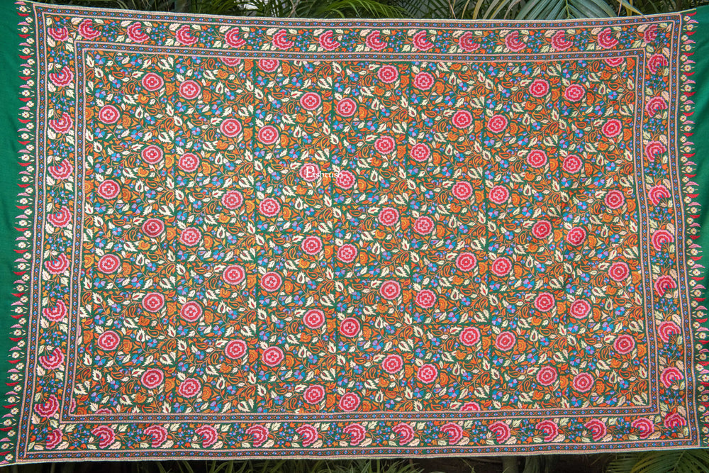 Pashtush India Womens Shawls Pashtush Womens Pure Pashmina Shawl, Papier Mache Hand Embroidery, Hand Woven, Gulabdaar Design, Emerald Green