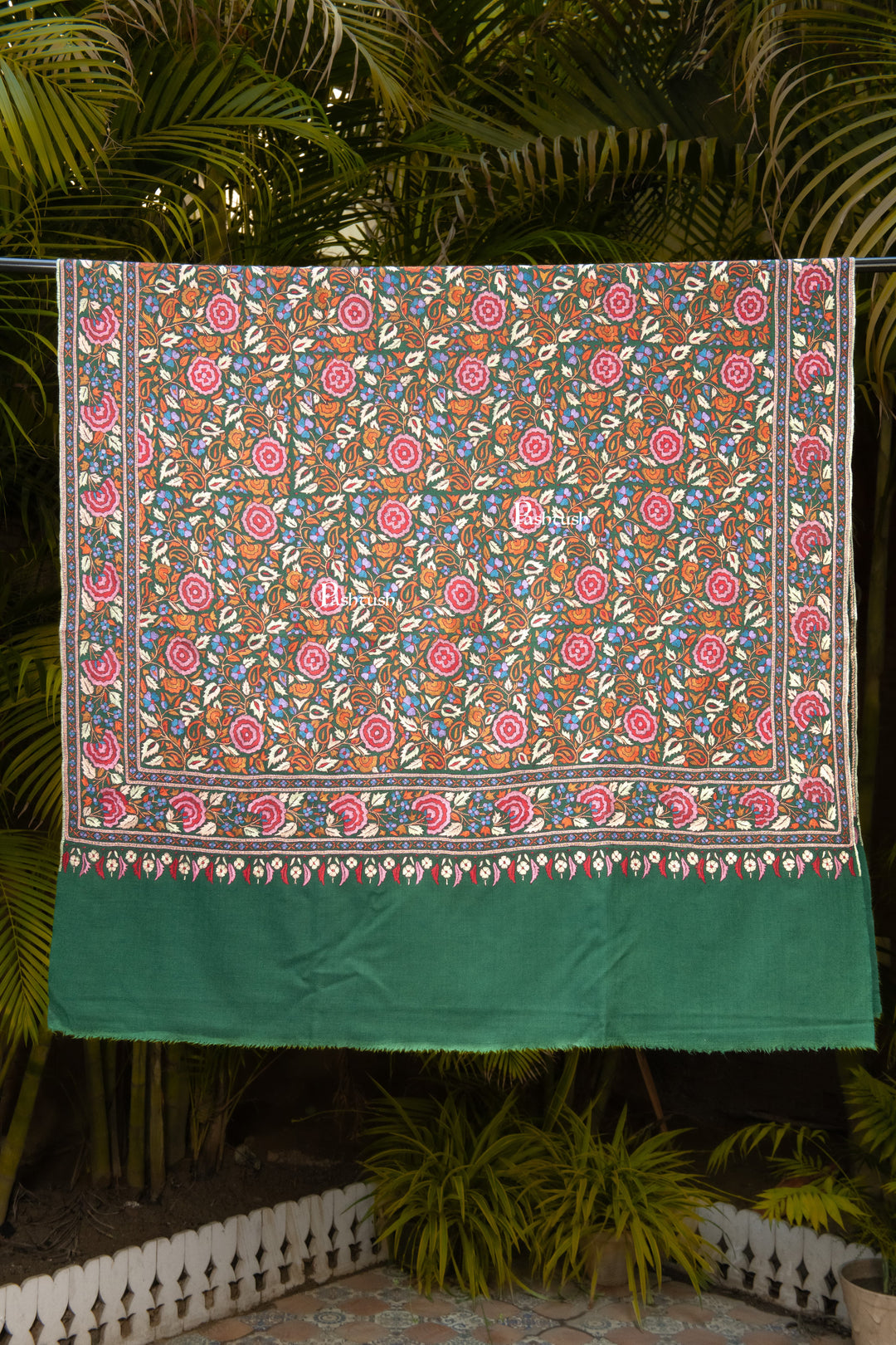 Pashtush India Womens Shawls Pashtush Womens Pure Pashmina Shawl, Papier Mache Hand Embroidery, Hand Woven, Gulabdaar Design, Emerald Green