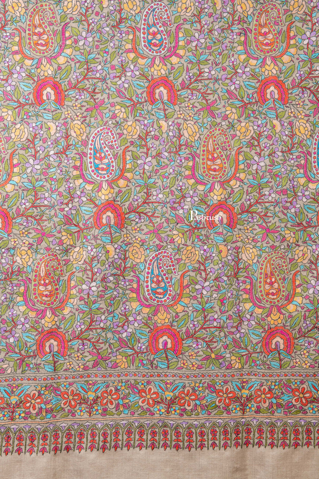 Pashtush India Womens Shawls Pashtush Womens Pure Pashmina Shawl, Papier Mache Hand Embroidery, Hand Woven, Gulabdaar Design, Multicolour With Natural Woven Base