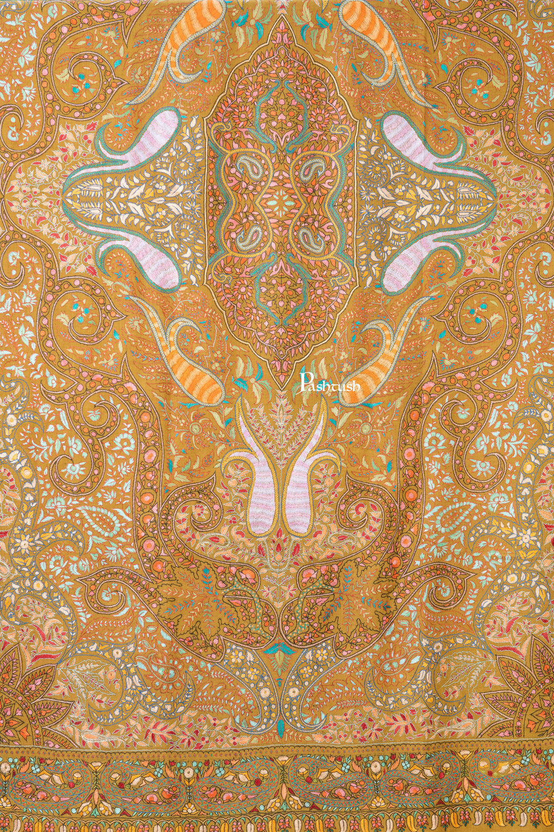Pashtush India Womens Shawls Pashtush Womens Pure Pashmina Shawl, Papier Mache Hand Embroidery, Hand Woven, Gulabdaar Design, Mustard