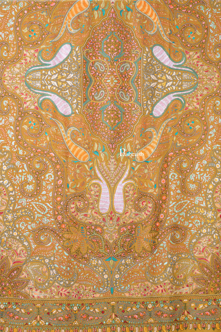 Pashtush India Womens Shawls Pashtush Womens Pure Pashmina Shawl, Papier Mache Hand Embroidery, Hand Woven, Gulabdaar Design, Mustard