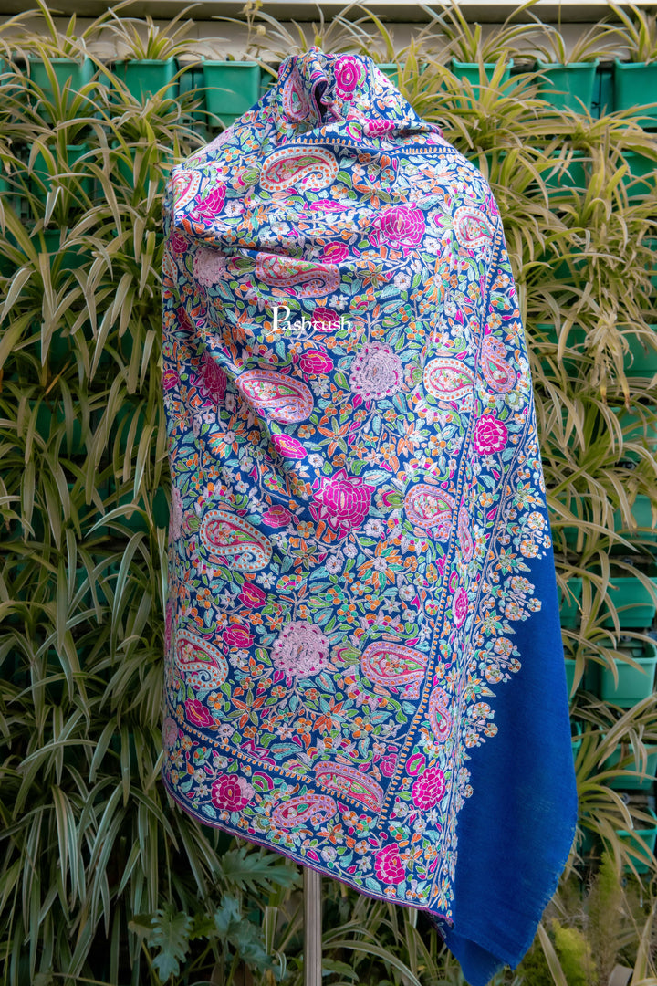 Pashtush India Womens Shawls Pashtush Womens Pure Pashmina Shawl, Papier Mache Hand Embroidery, Hand Woven, Gulabdaar Design, Navy Blue