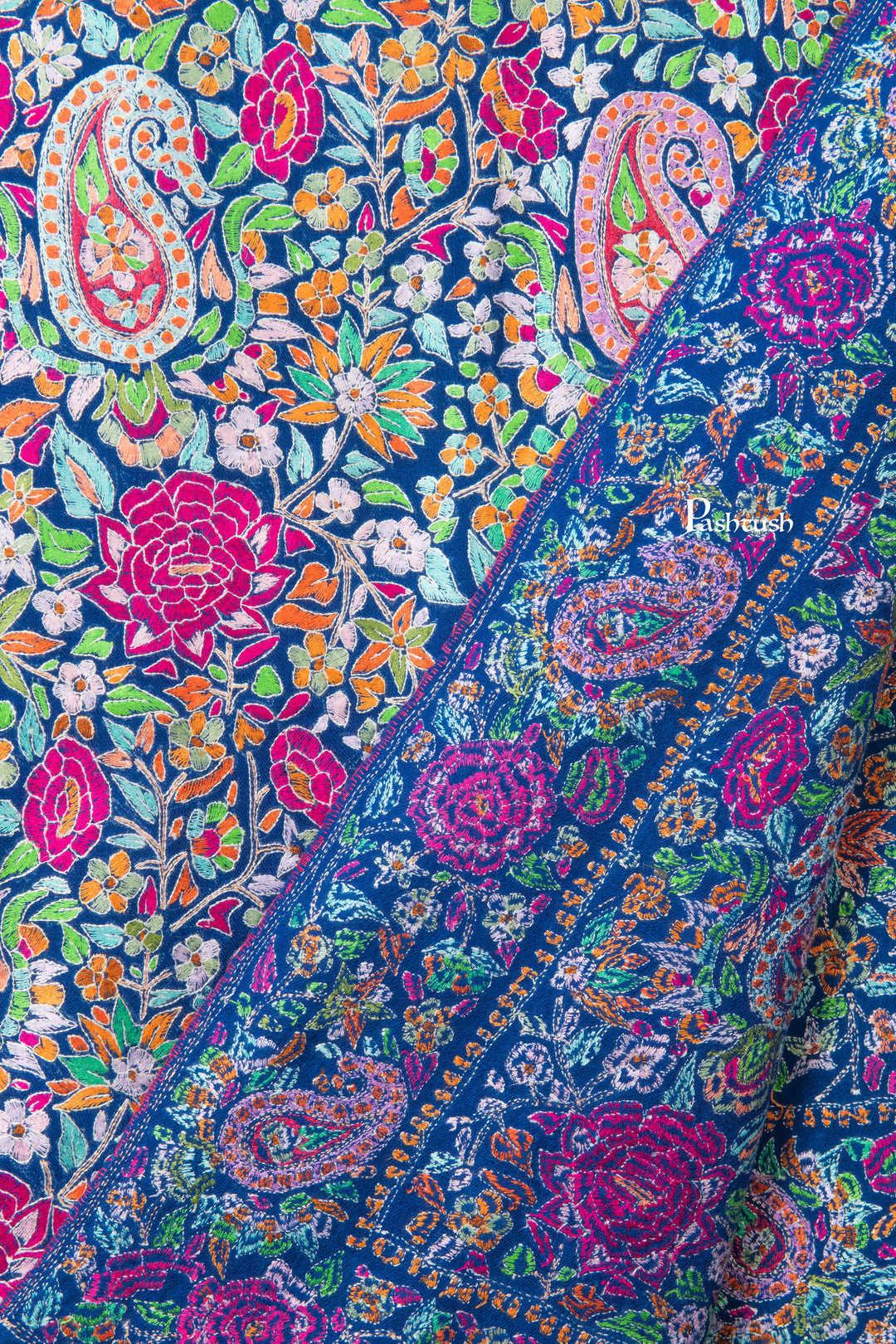 Pashtush India Womens Shawls Pashtush Womens Pure Pashmina Shawl, Papier Mache Hand Embroidery, Hand Woven, Gulabdaar Design, Navy Blue