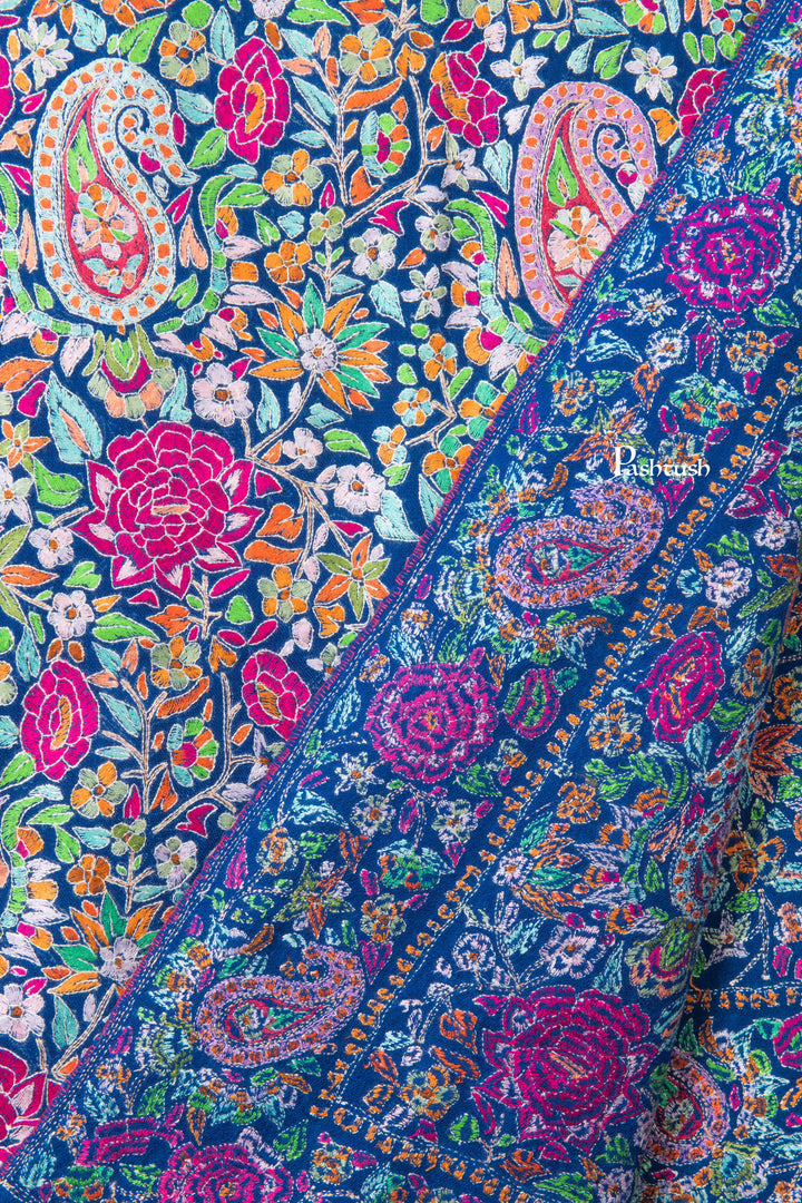 Pashtush India Womens Shawls Pashtush Womens Pure Pashmina Shawl, Papier Mache Hand Embroidery, Hand Woven, Gulabdaar Design, Navy Blue