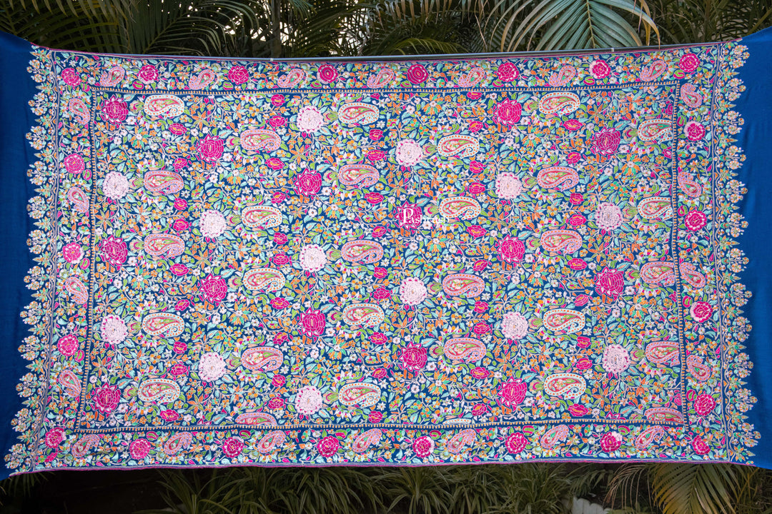 Pashtush India Womens Shawls Pashtush Womens Pure Pashmina Shawl, Papier Mache Hand Embroidery, Hand Woven, Gulabdaar Design, Navy Blue