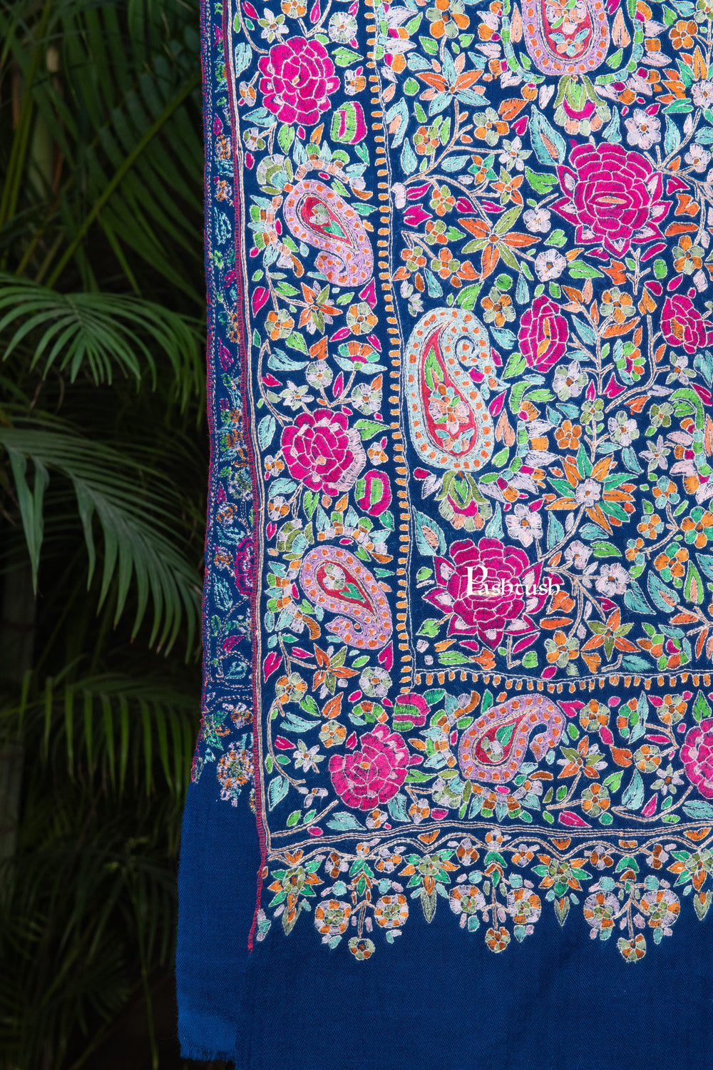 Pashtush India Womens Shawls Pashtush Womens Pure Pashmina Shawl, Papier Mache Hand Embroidery, Hand Woven, Gulabdaar Design, Navy Blue