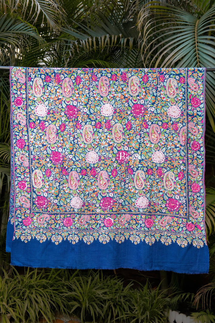 Pashtush India Womens Shawls Pashtush Womens Pure Pashmina Shawl, Papier Mache Hand Embroidery, Hand Woven, Gulabdaar Design, Navy Blue