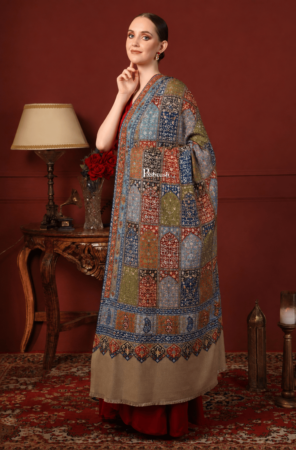 Pashtush India Womens Shawls Pashtush Womens Pure Pashmina Shawl, Papier Mache Hand Embroidery, Hand Woven, Taupe
