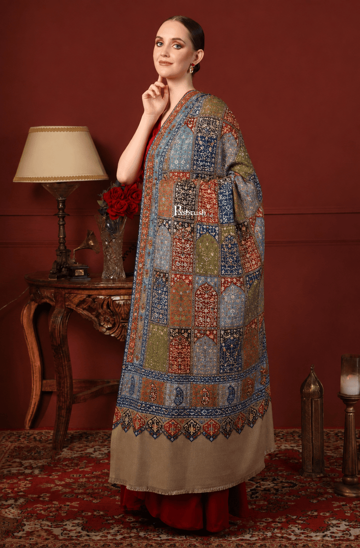 Pashtush India Womens Shawls Pashtush Womens Pure Pashmina Shawl, Papier Mache Hand Embroidery, Hand Woven, Taupe