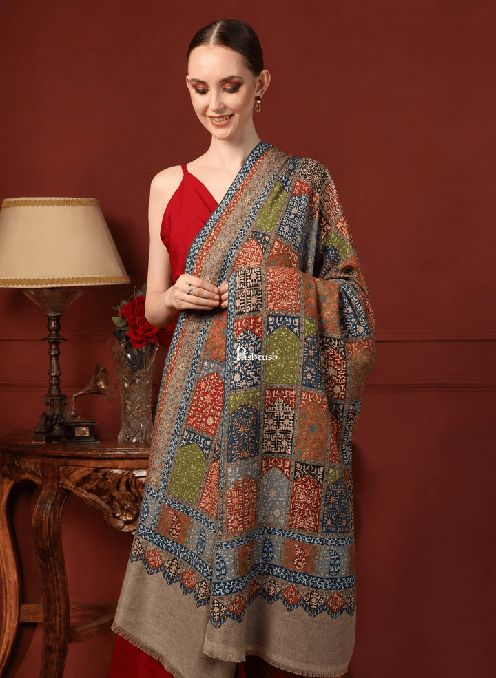 Pashtush India Womens Shawls Pashtush Womens Pure Pashmina Shawl, Papier Mache Hand Embroidery, Hand Woven, Taupe
