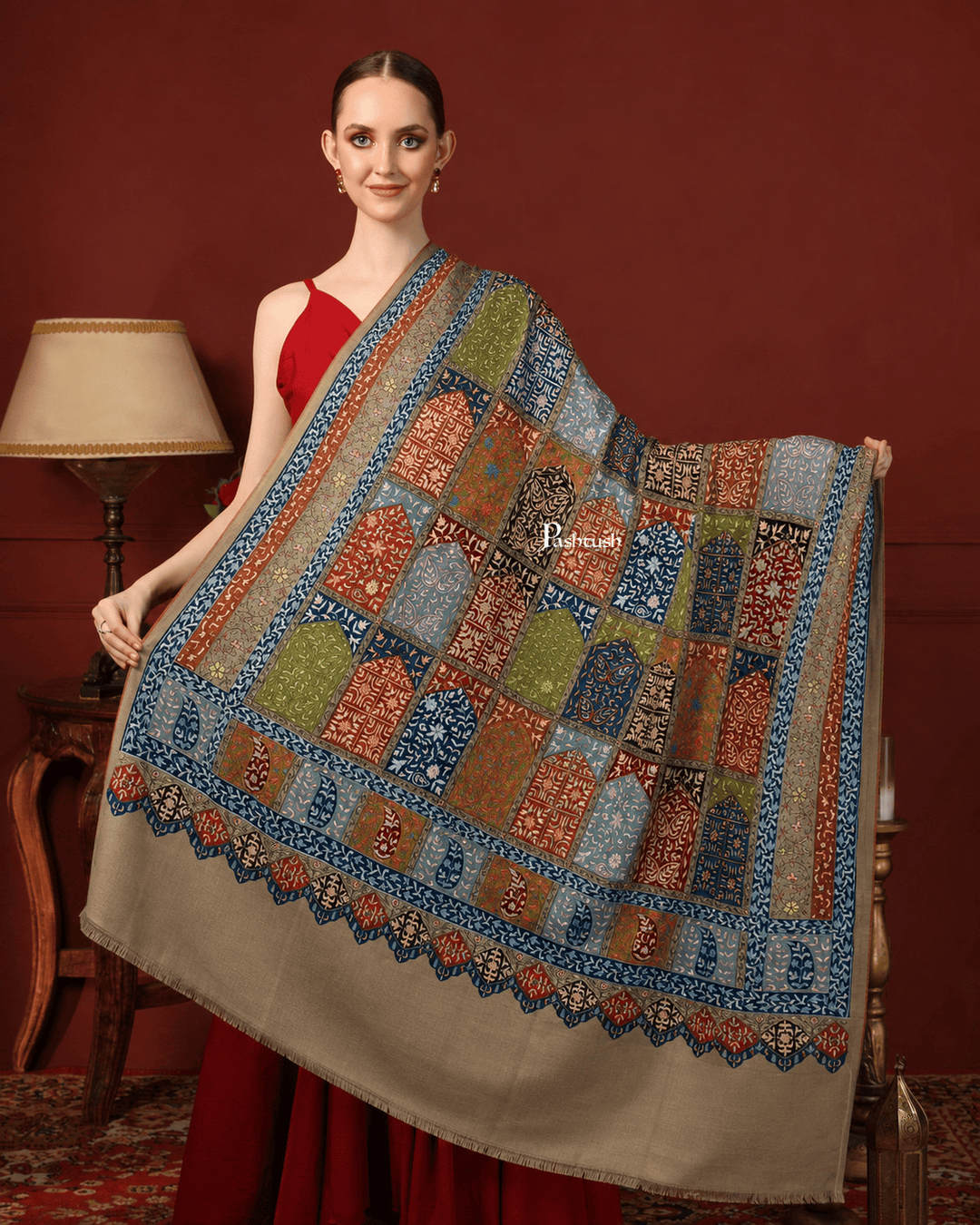 Pashtush India Womens Shawls Pashtush Womens Pure Pashmina Shawl, Papier Mache Hand Embroidery, Hand Woven, Taupe