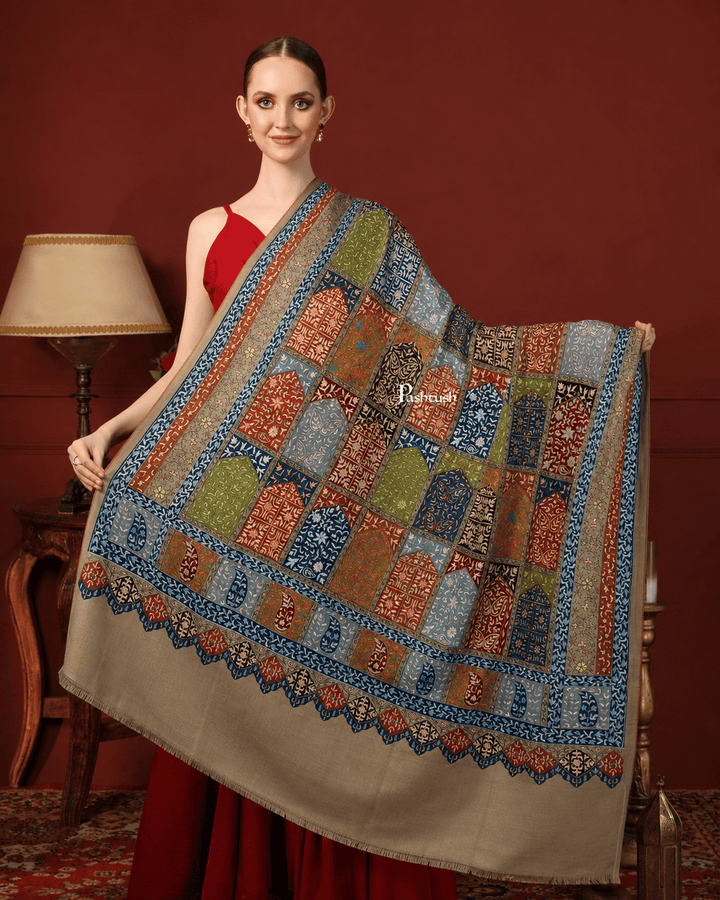 Pashtush India Womens Shawls Pashtush Womens Pure Pashmina Shawl, Papier Mache Hand Embroidery, Hand Woven, Taupe