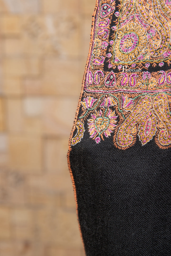 Pashtush India Womens Shawls Pashtush Womens Pure Pashmina Shawl, Private Collection, Resham Sozni Hand Embroidery, Handwoven, Zameenkaar