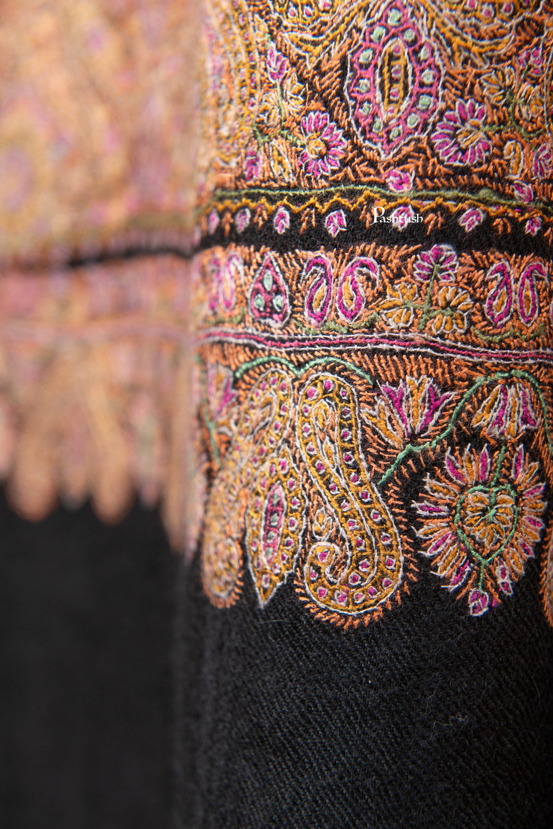 Pashtush India Womens Shawls Pashtush Womens Pure Pashmina Shawl, Private Collection, Resham Sozni Hand Embroidery, Handwoven, Zameenkaar